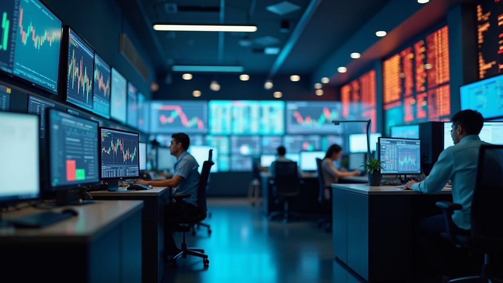 Eye-level view of a modern trading room filled with screens