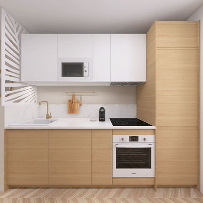 Vue d'une cuisine compacte et fonctionnelle d'un studio à Machilly.