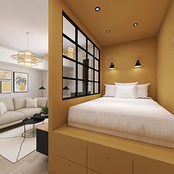 Studio moderne de 23m² avec lit estrade et verrière industrielle à Troyes, Projet Ocre par EM Design, reflétant une conception intérieure contemporaine.