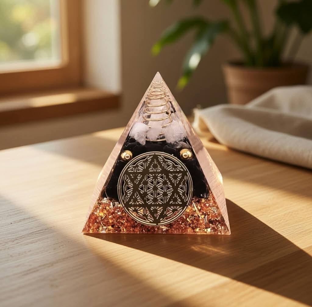 Orgonite 6cm | Cristal de Roche et Obsidienne Noire | Fleur de vie gravée