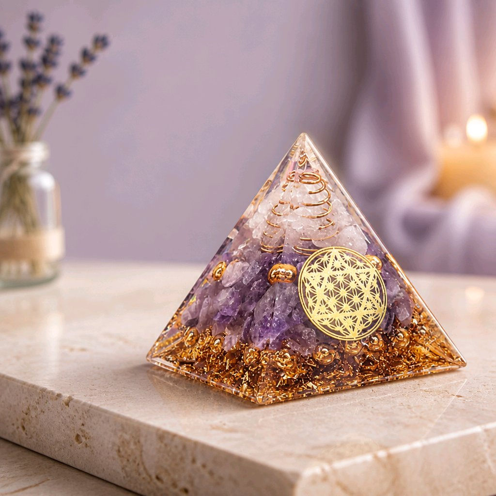 Orgonite 6cm | Cristal de Roche et Améthyste | Fleur de vie étoile - de profil