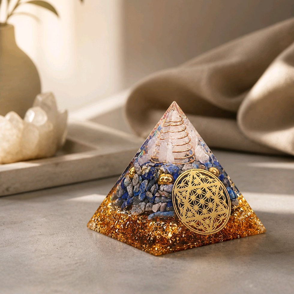 Orgonite 6cm | Cristal de Roche et Lapis Lazuli | Fleur de vie gravée - de profil