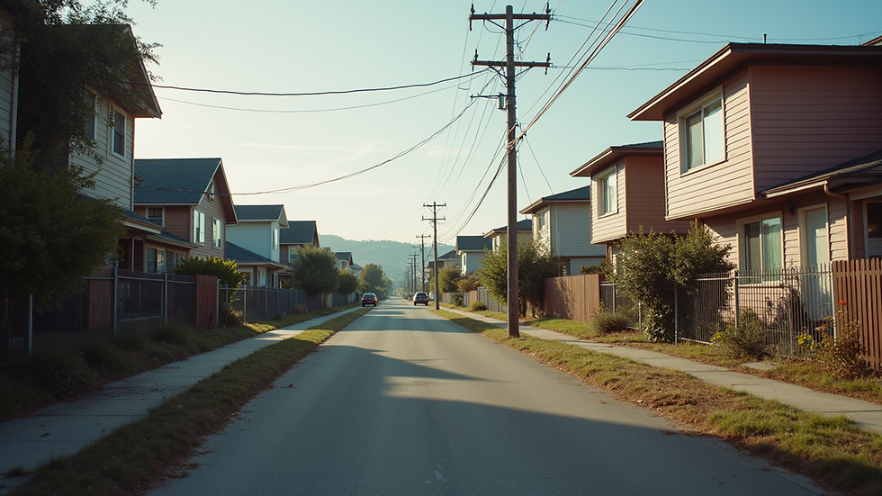 Wide angle view of an urban neighborhood facing housing challenges