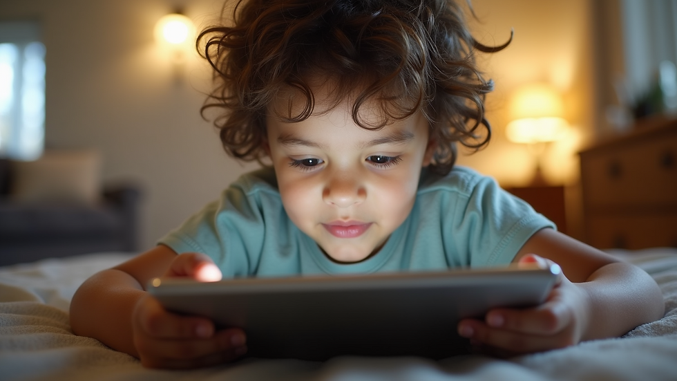Eye-level view of a young child playing with a tablet