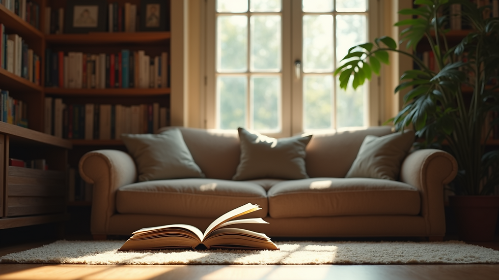 Wide angle view of a quiet reading nook with natural light