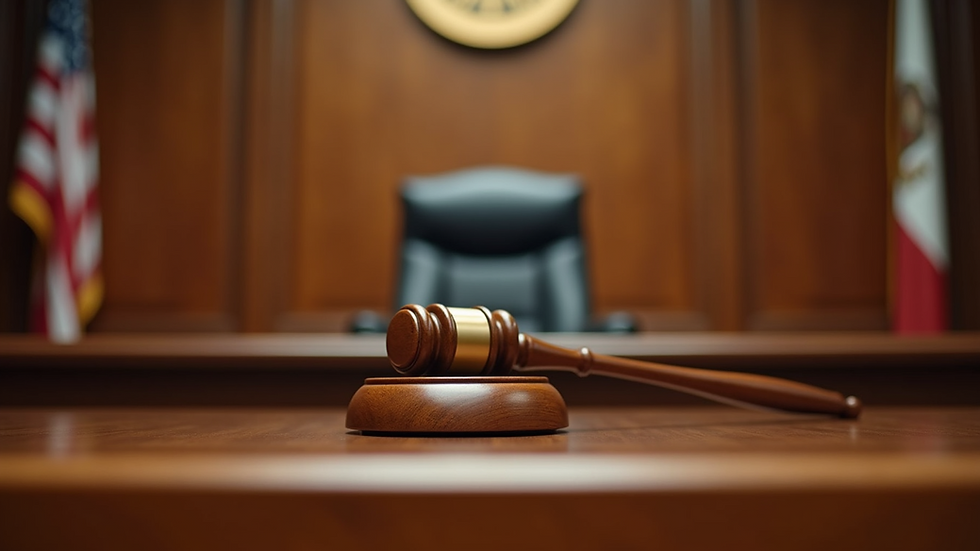 Eye-level view of courtroom with wooden judge's bench