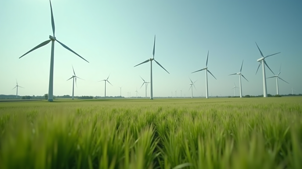 Eye-level view of wind turbines in a green landscape