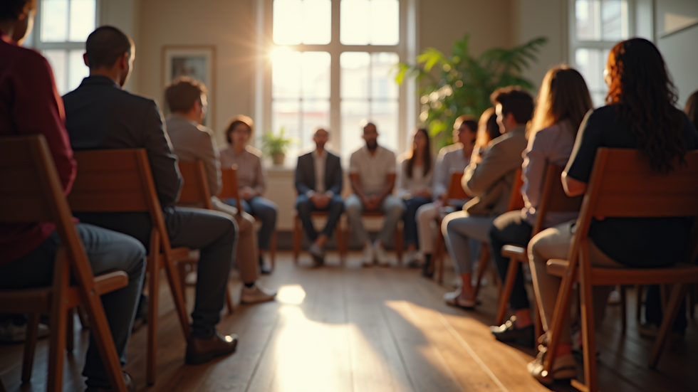 Eye-level view of a community discussion setting with chairs arranged for dialogue