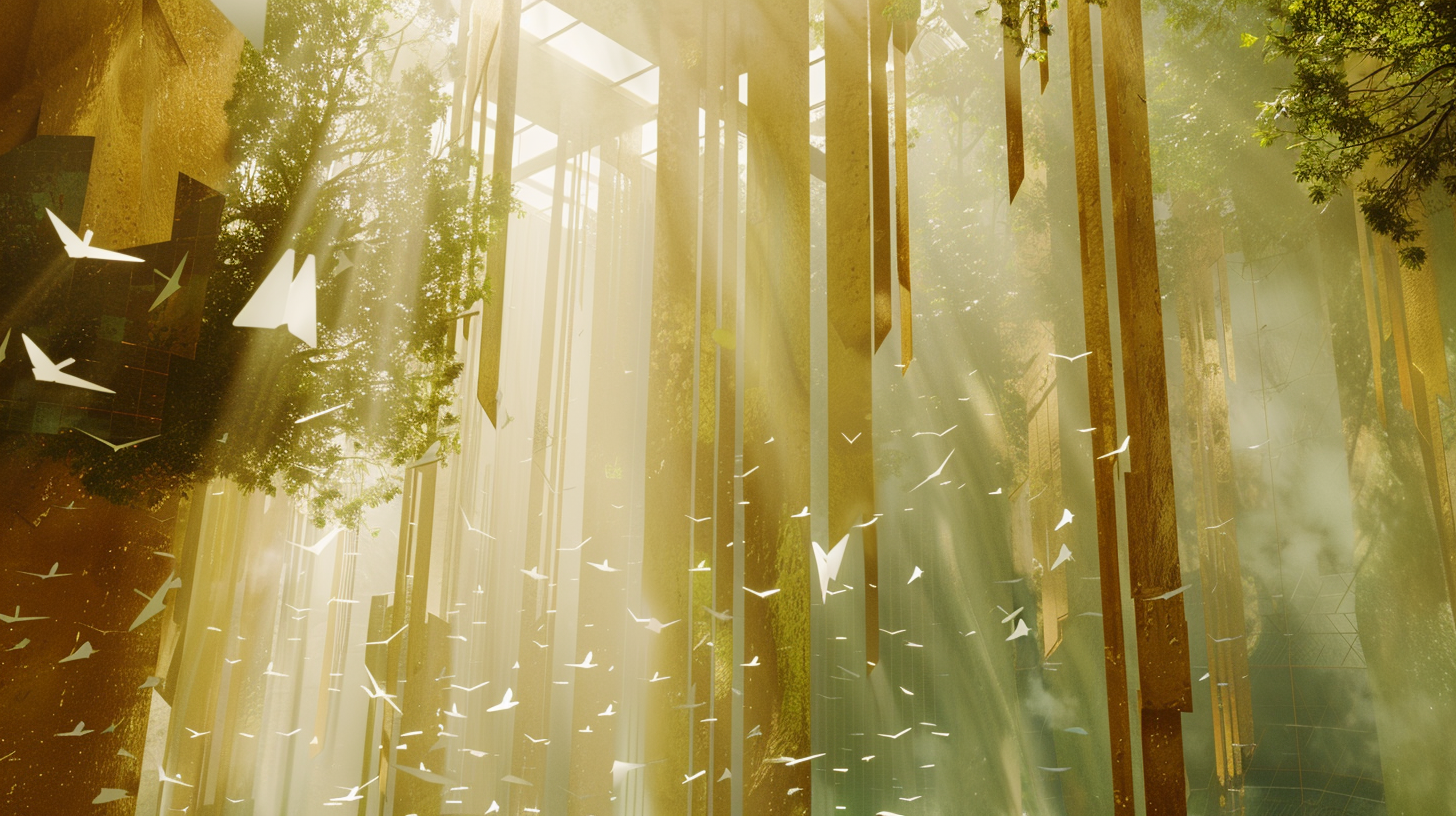 The Path to Impact — Abstract Architectural Forest Illuminated by Light and Motion, Symbolising Purposeful Leadership and Measurable Outcomes