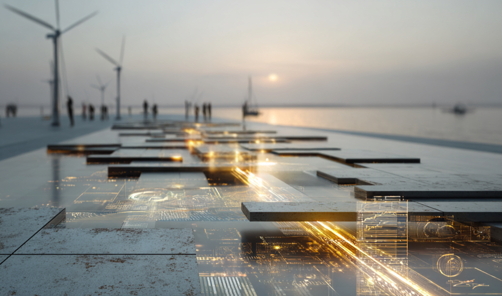 A conceptual image representing strategic funding alignment — a series of illuminated pathways and digital schematics embedded in stone, leading toward a glowing horizon with wind turbines in the distance, symbolising planning, capability, and long-term impact.
