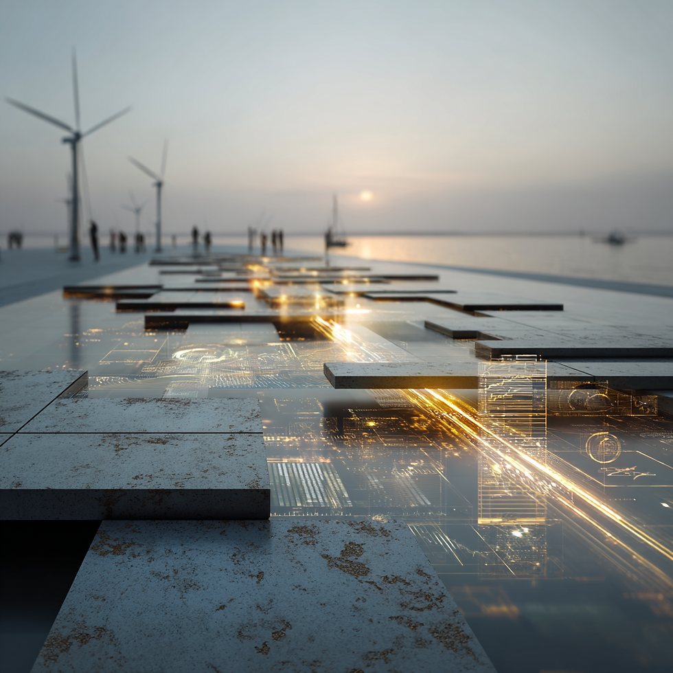 A conceptual image representing strategic funding alignment — a series of illuminated pathways and digital schematics embedded in stone, leading toward a glowing horizon with wind turbines in the distance, symbolising planning, capability, and long-term impact.