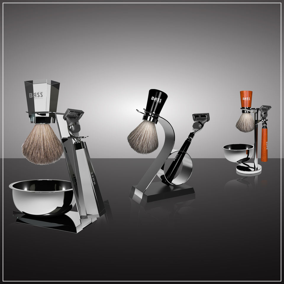 Bass Brushes Shave Sets, classic grooming sets with alloy stand and natural bristles for irritation-free shave