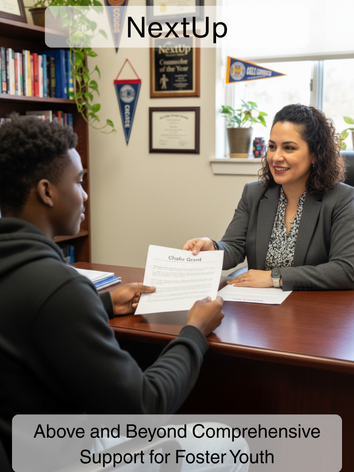 A foster youth student talking with this NextUp counselor about the Chafee Grant. The photo is titled "NextUp, Above and Beyond Comprehensive Support for Foster Youth."