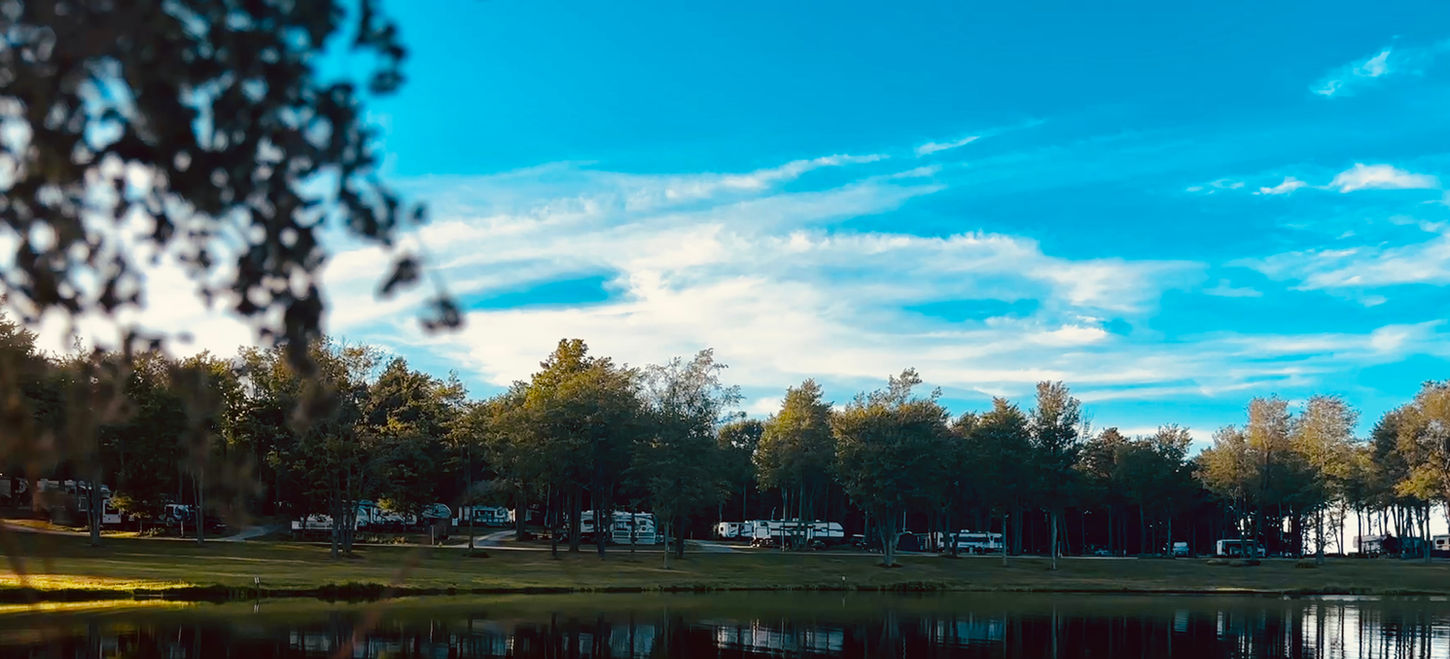 Calm lake water reflecting the blue sky and tree line at Tanglewood Camping.