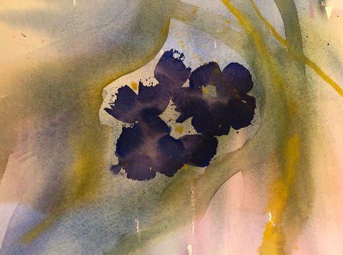 a watercolor painting of three purple flowers on a green and yellow background