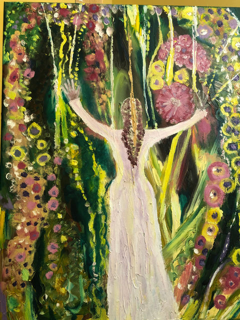 a woman in a white dress with her hands outstretched embracing a green, pink and gold flowery background