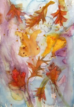 a watercolor painting of fall leaves on a cool, flowing background