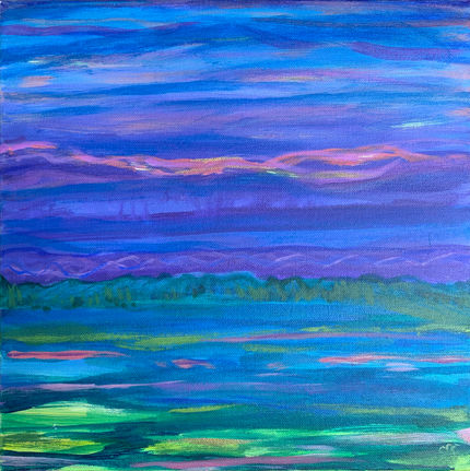 an acrylic landscape with a purple and pink sky and blue and green foreground