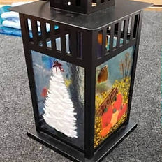 Black lantern with fused glass panels and winter scene MargiesArtGlass