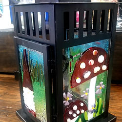 Black glass lantern with colorful mushroom and gnome art MargiesArtGlass