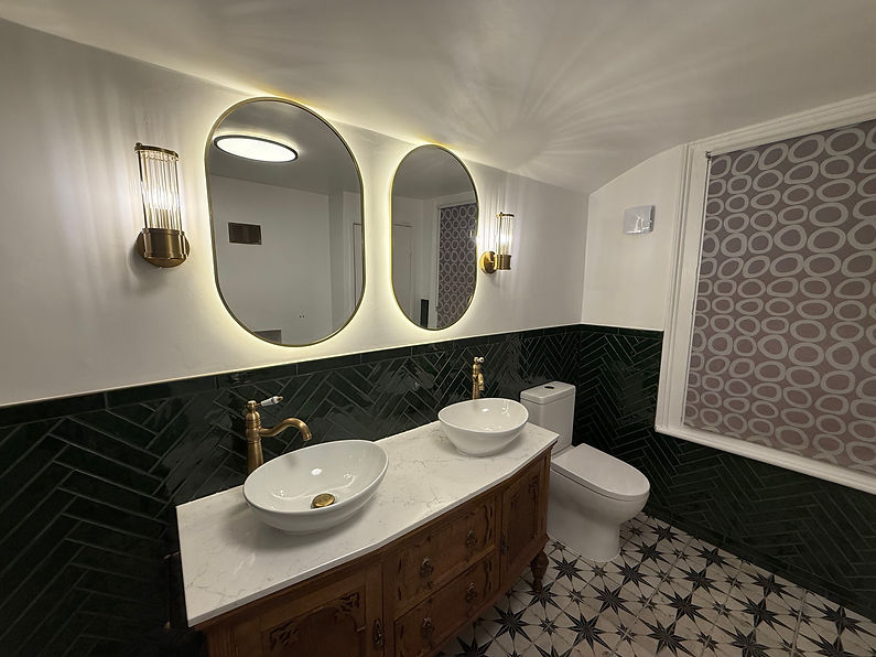 Modern bathroom with double sink vanity.