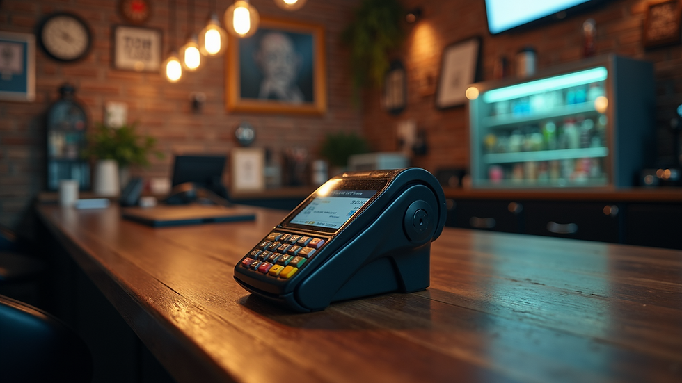 Eye-level view of a tattoo studio reception desk with payment terminal