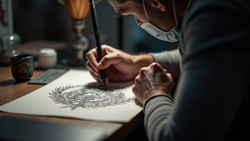 Close-up view of a tattoo artist sketching a custom design