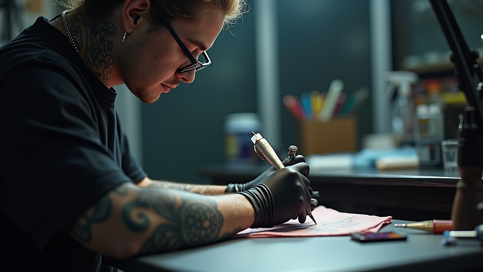 Eye-level view of a tattoo artist’s clean and organised workstation