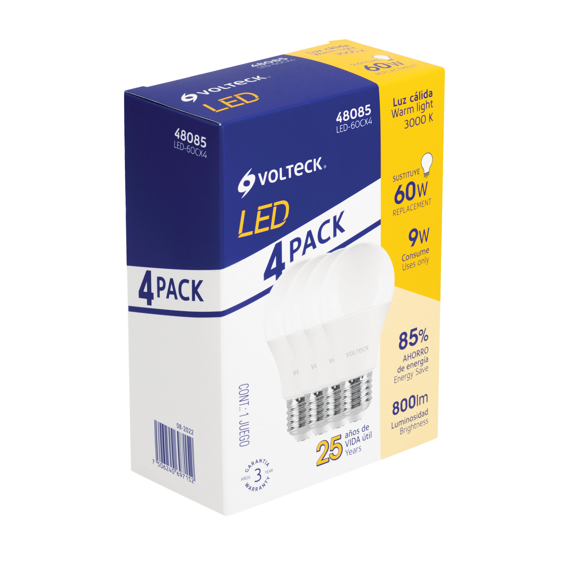 Pack de 4 lámparas de LED A19 9 W luz cálida Volteck