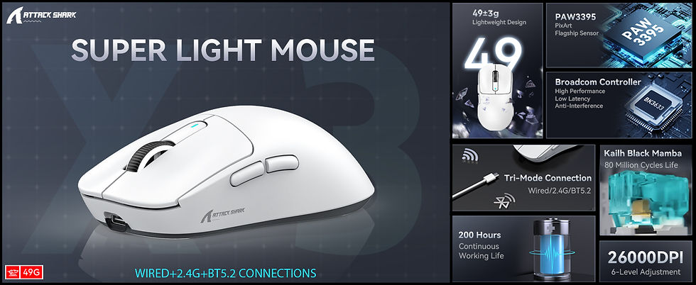Thumbnail: ATTACK SHARK X3 Wireless Gaming Mouse,49g Ergonomic PC Mouse,Triple Modes PAW339