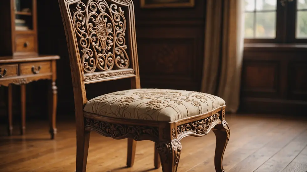 Eye-level view of a beautifully crafted wooden chair with intricate design