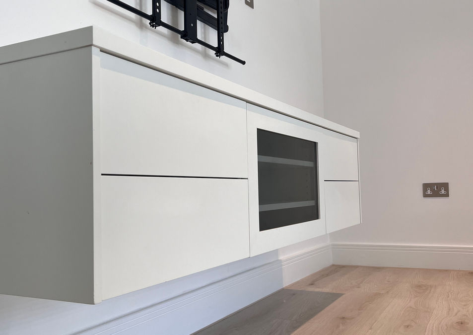 Floating white TV cabinet with hidden storage and modern style