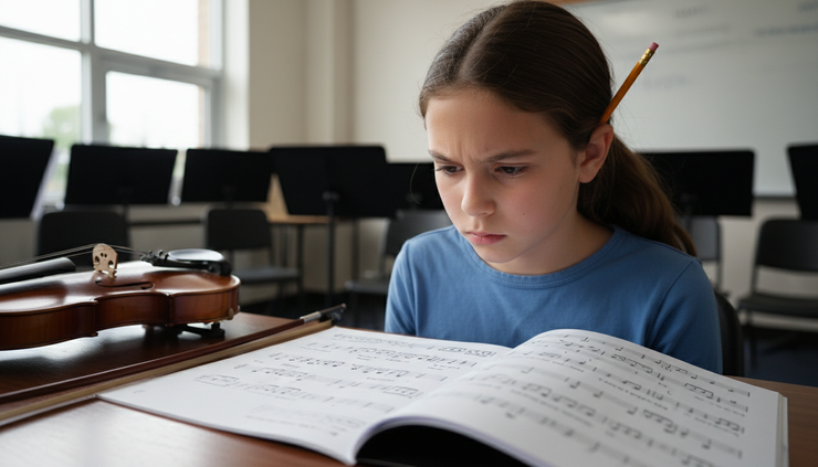 Close-up of a pupil reading an orchestral score beside a violin