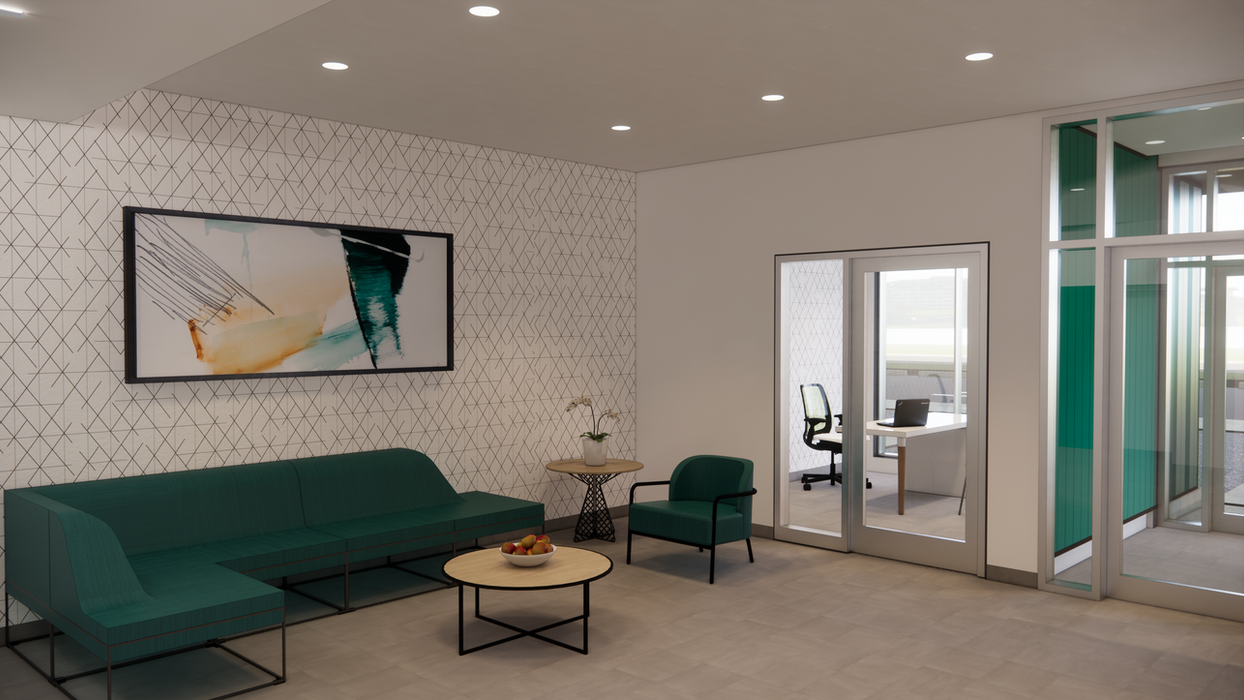 Lobby of the POINT with a teal sofa.