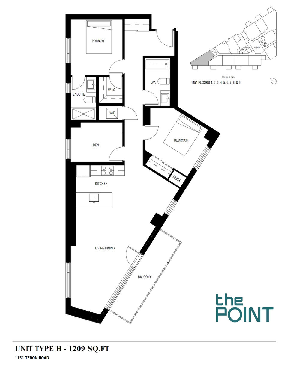 2 Bed, 2 Bath, Den, Terrace or Balcony, BF
1209 Sq. Ft. Unit H - 1151