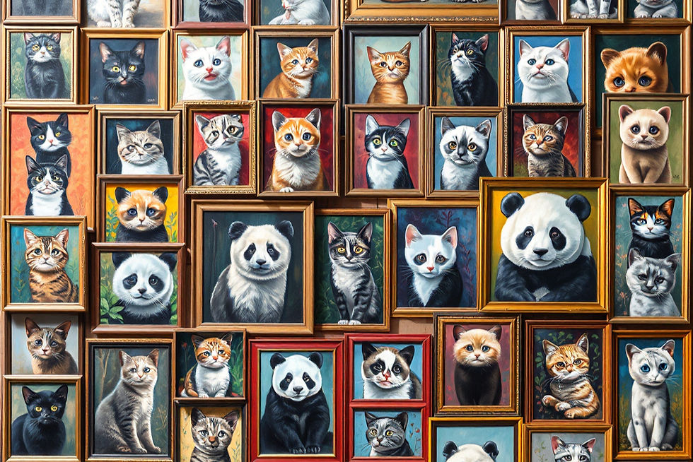 framed pictures of cats and pandas
