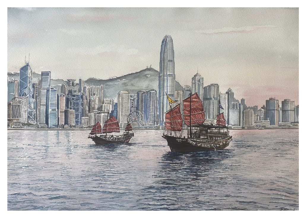 watercolour painting of 2 Chinese junk boats in Hong Kong harbour at sunset