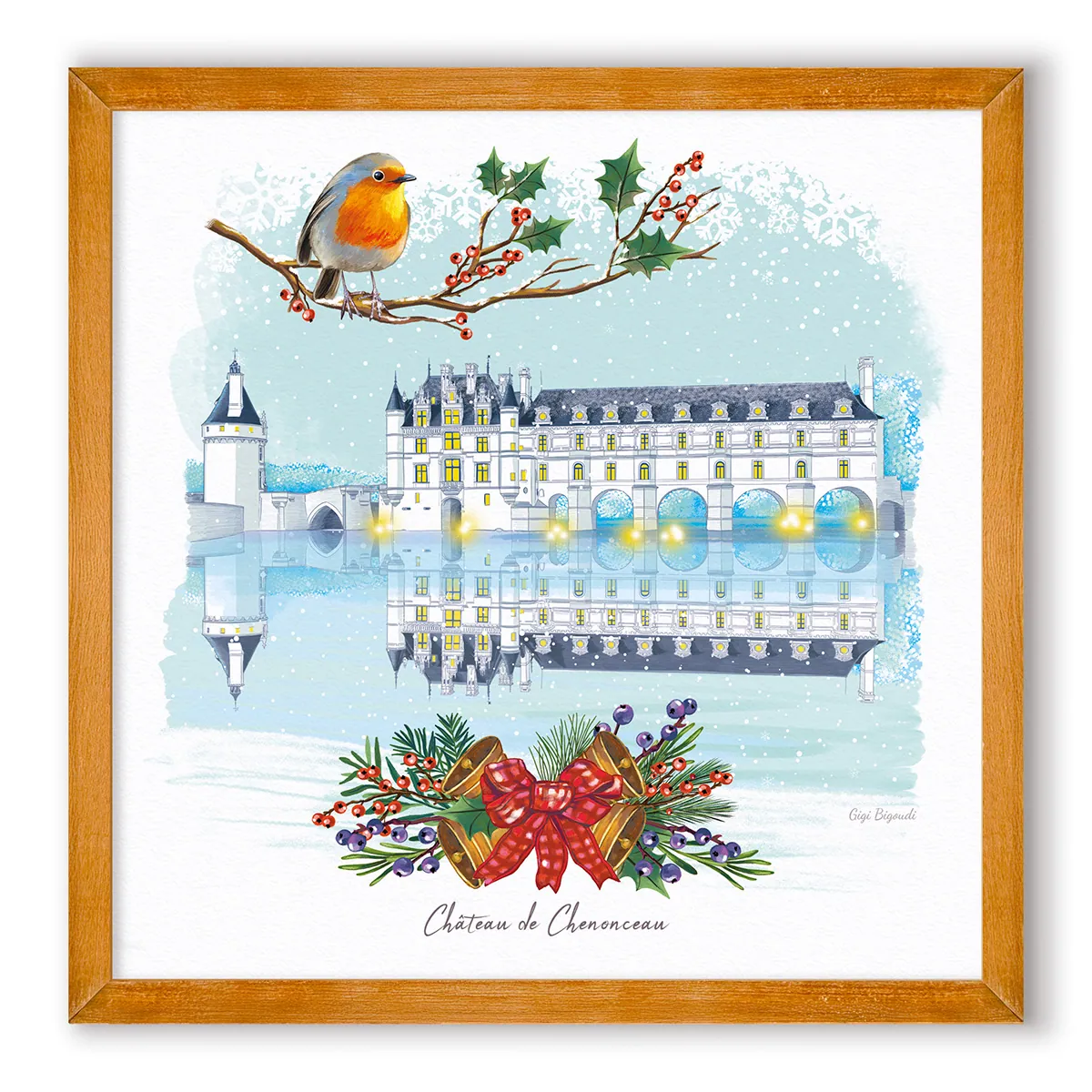 Carte d'art Gigi Bigoudi château de Chenonceau Noël