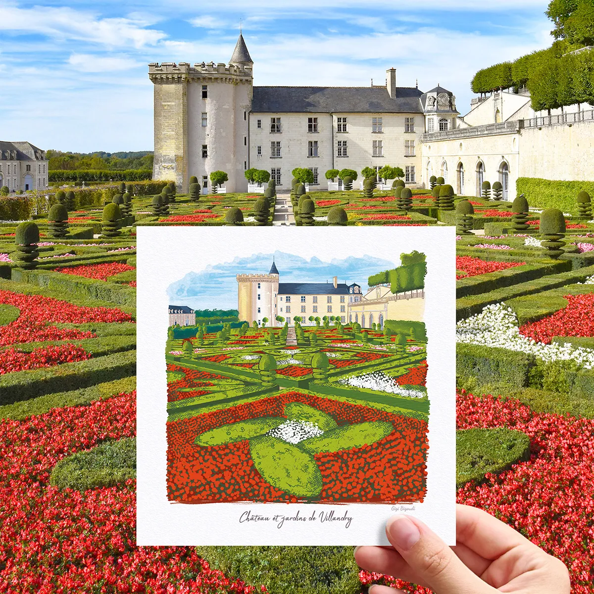 Carte d'art Gigi Bigoudi château de Villandry Jardin d'amour