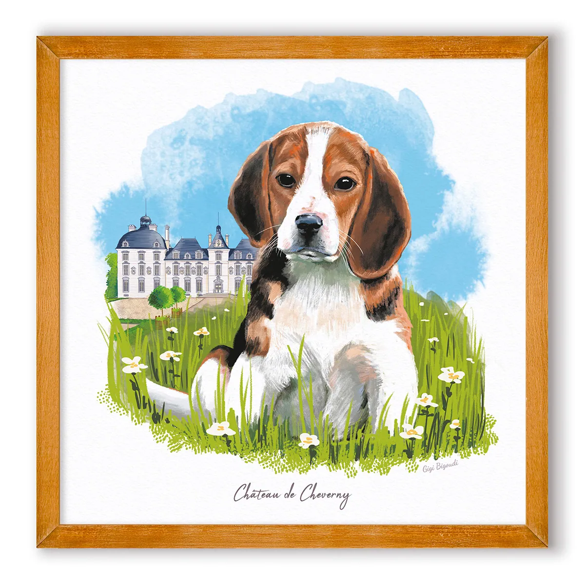Carte d'art Gigi Bigoudi un chiot devant le château de Cheverny