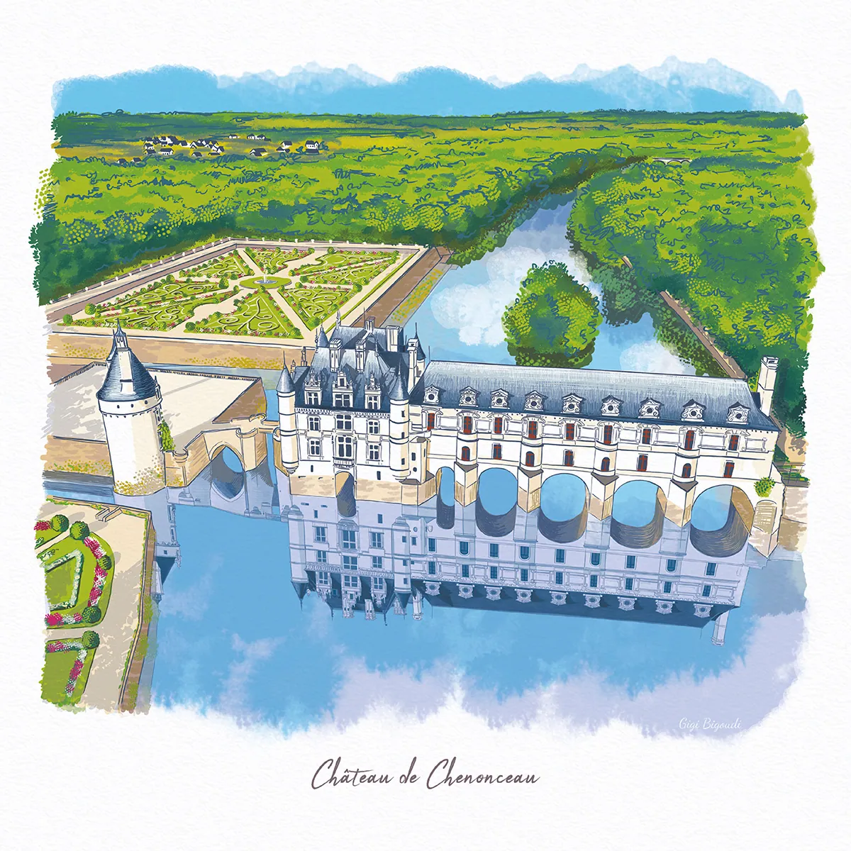 illustration Gigi Bigoudi château de Chenonceau vu du ciel