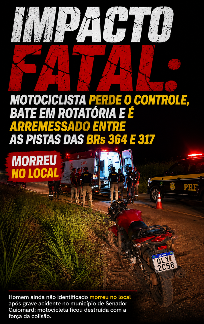IMPACTO FATAL: Motociclista perde o controle, bate em rotatória e é arremessado entre as pistas das BRs 364 e 317