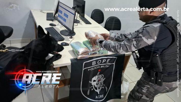 CÃO FAREJADOR DO BOPE ENCONTRA QUASE 8 KG DE SKUNK ESCONDIDOS EM SACOS DE FARINHA COM DESTINO A GOIÂNIA EM RIO BRANCO