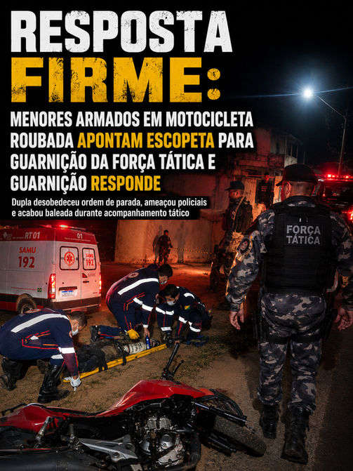 RESPOSTA FIRME: Menores armados em motocicleta roubada apontam escopeta para guarnição da Força Tática e Guarnição responde