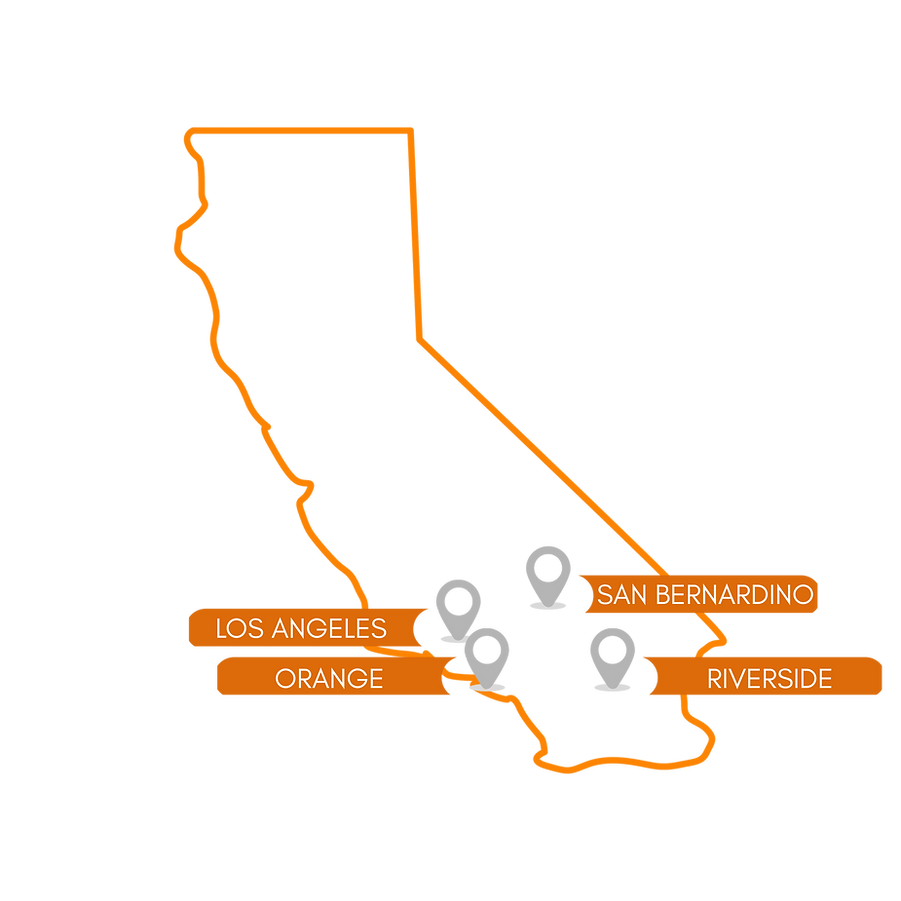 Map of Benchmark Realtors service area in California including los angeles county, orange county, san bernardino county, and