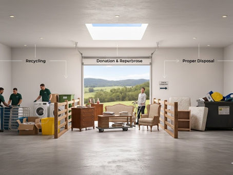 A clean, bright facility divided into three distinct sections showing the lifecycle of junk removal. On the left, a professional crew organizes appliances and metal frames under a sign that reads Recycling. In the center, high-quality wood furniture and a sofa are staged for transport under a sign for Donation and Repurpose. On the right, a mattress and non-recyclable items are placed in a bin labeled Proper Disposal. Through the open garage door in the background, a scenic view of the Tennessee rolling hills is visible.