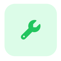 Green wrench icon on a light green square background, symbolizing tools or settings. Simple and clean design. No text visible.