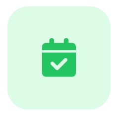 Green calendar icon with a check mark on a pale mint rounded square background.