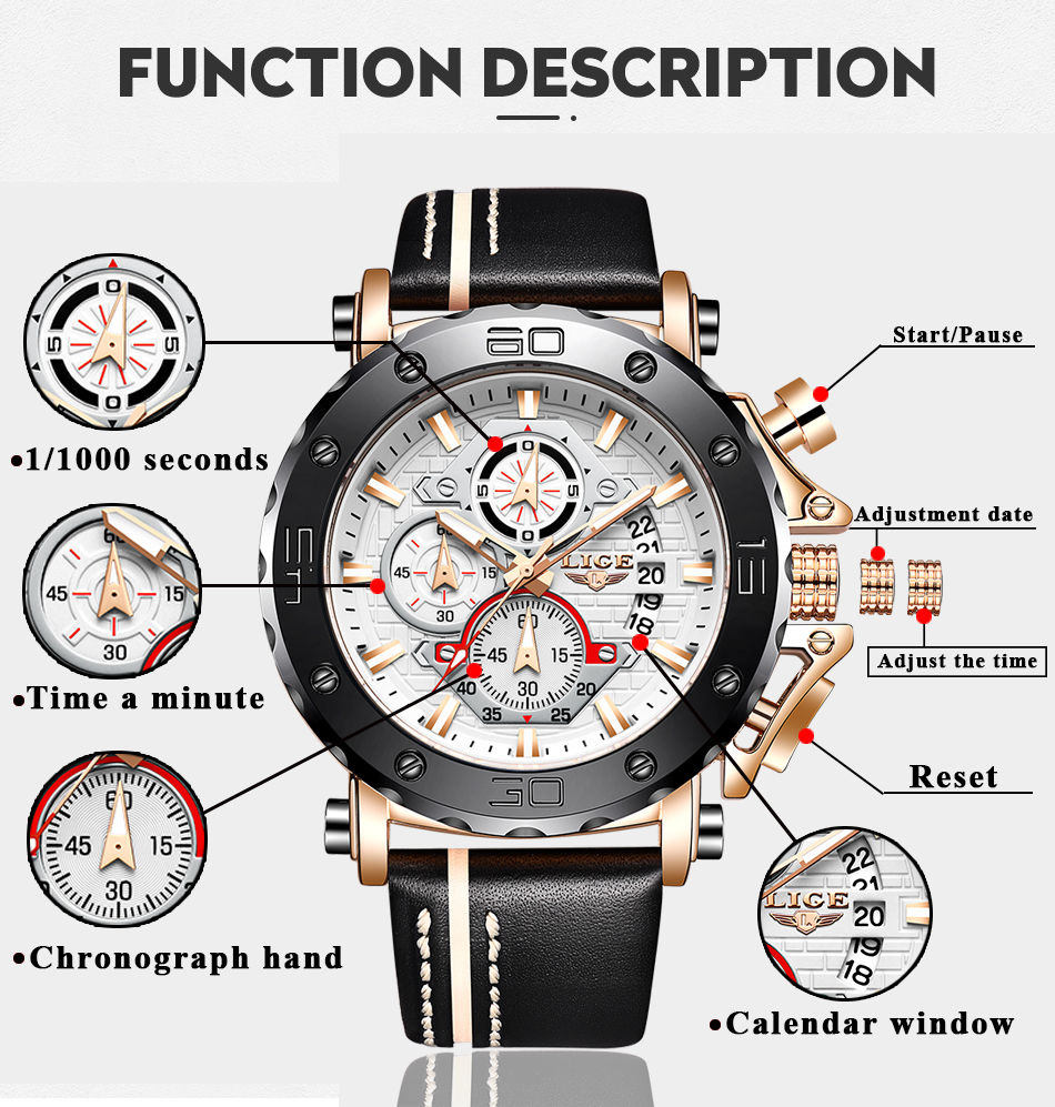 Miniatura: Orologio elegante e sportivo Originale LIGE con quadrante bianco