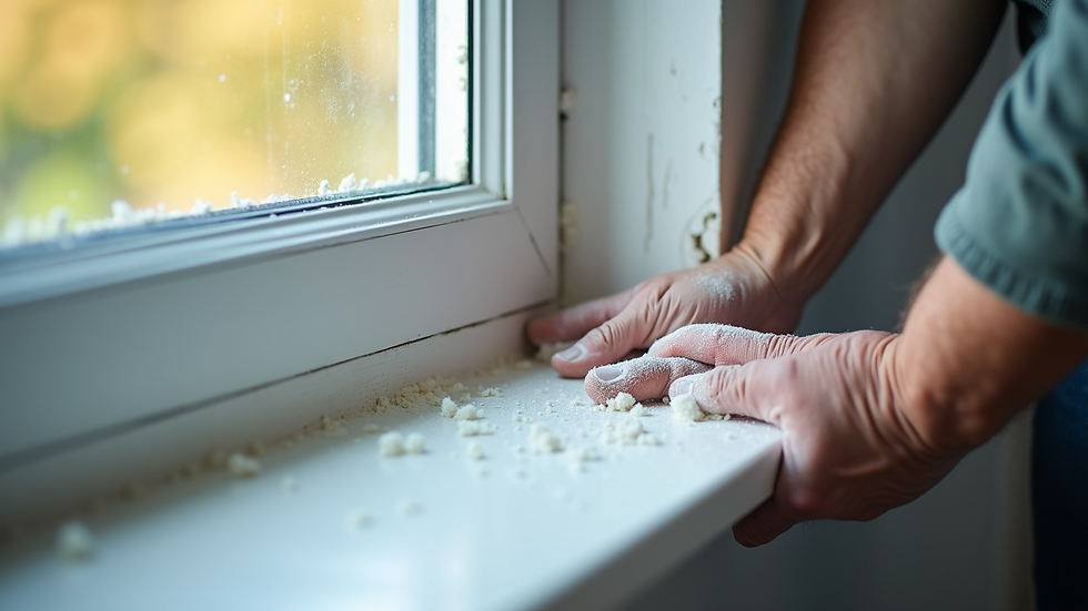 Close-up view of a window being sealed with foam insulation